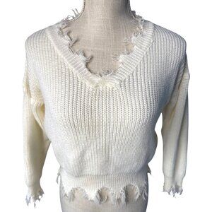Distressed White Knit Sweater With Frayed Edges & V-Neck S